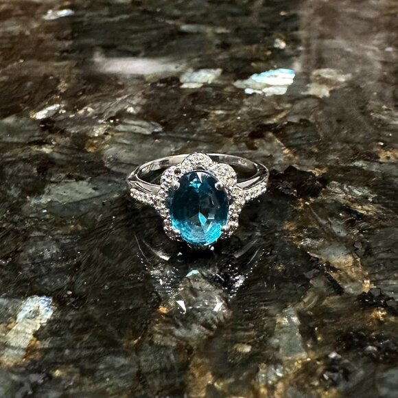 Sterling Silver Jewelry - 925 Sterling Silver Oval London Blue Topaz & White Zircon Halo Ring Size 6